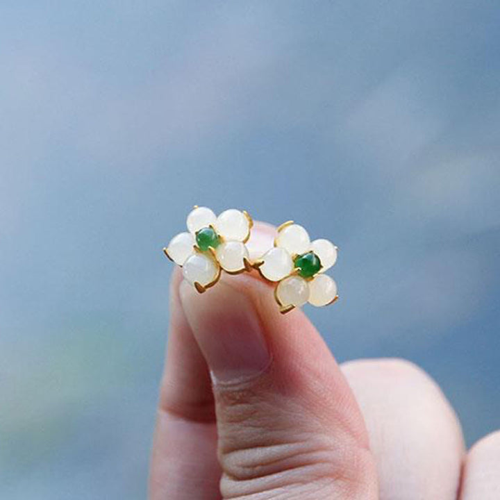 Buddha Stones White Jade Flower Luck Blessing Stud Earrings