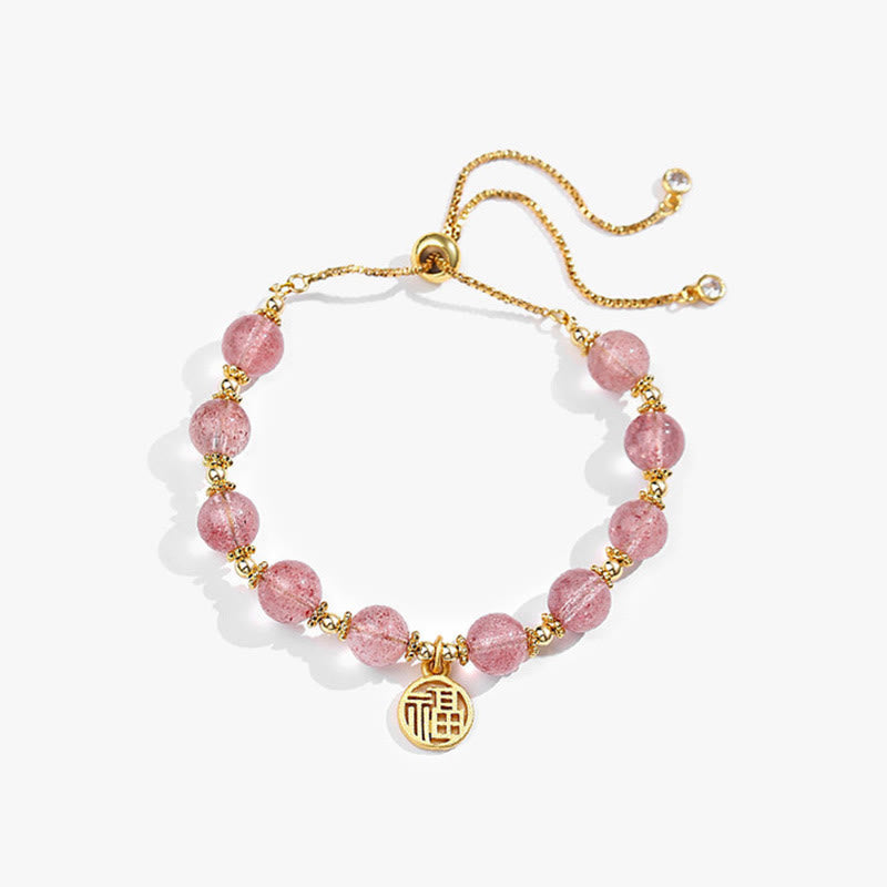 Buddha Stones 14K Gold Plated Natural Strawberry Quartz Fu Character Positive Charm Bracelet