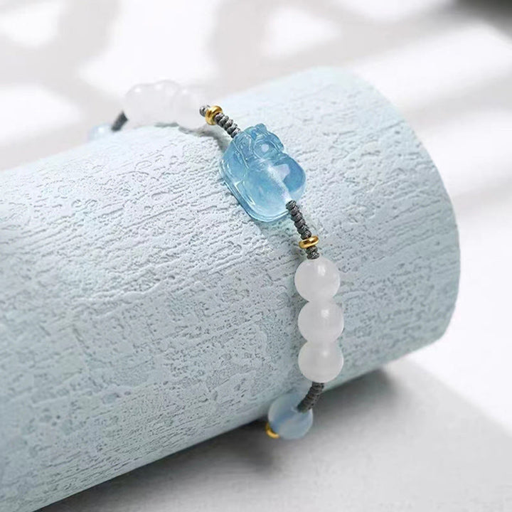 Buddha Stones Natural Aquamarine PiXiu Hetian White Jade Healing Bracelet