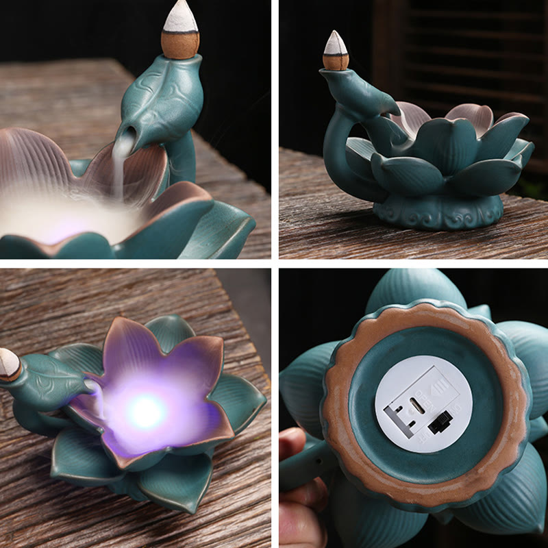 Buddha Stones Lotus Flower Leaf Frog Butterfly Pattern Healing Ceramic Incense Burner Decoration