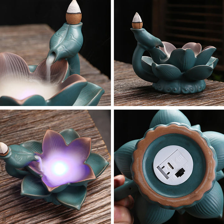 Buddha Stones Lotus Flower Leaf Frog Butterfly Pattern Healing Ceramic Incense Burner Decoration