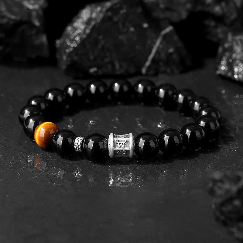 Buddha Stones 999 Sterling Silver Black Obsidian Tiger Eye Om Mani Padme Hum Fulfillment Bracelet