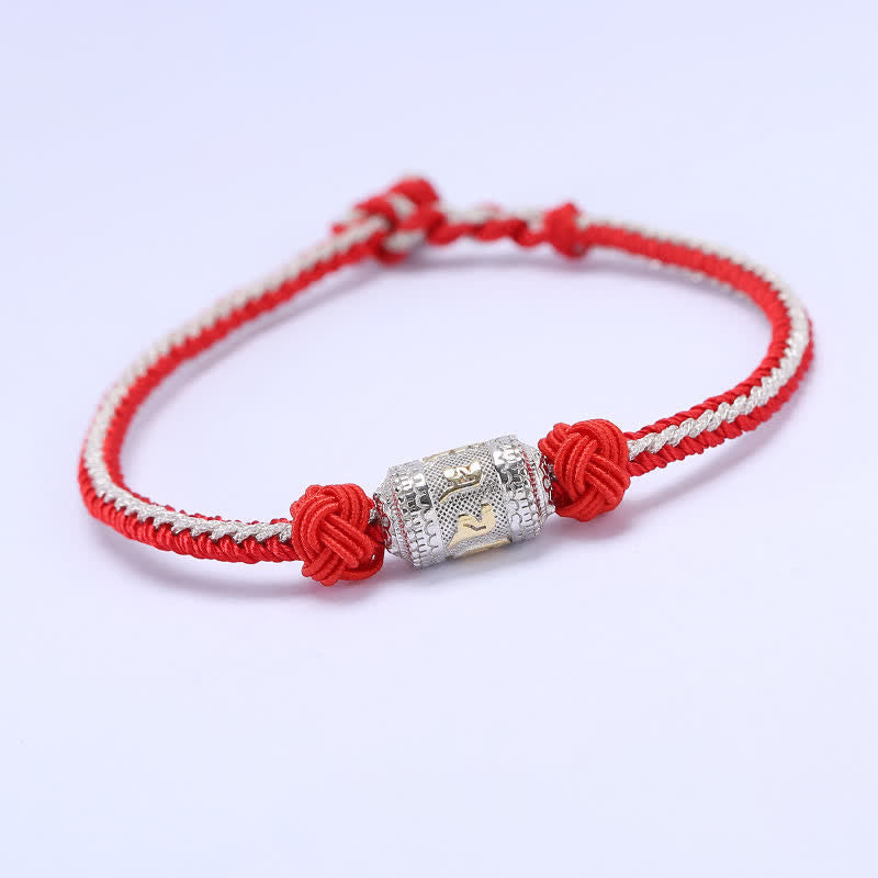 Buddha Stones 925 Sterling Silver Om Mani Padme Hum Prayer Wheel Luck Strength Red String Bracelet