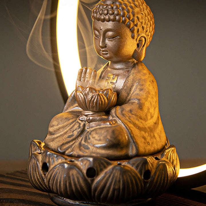 Buddha Stones Buddha Lotus Backflow Smoke Fountain Ceramic Blessing Incense Burner With Light Decoration