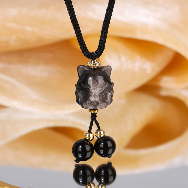 Buddha Stones Natural Silver Sheen Obsidian Nine Tailed Fox Protection Necklace Pendant