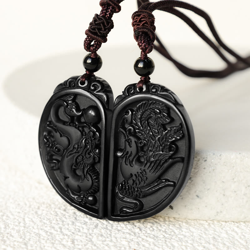 Buddha Stones Black Obsidian Love Dragon Phoenix Protection Necklace Pendant