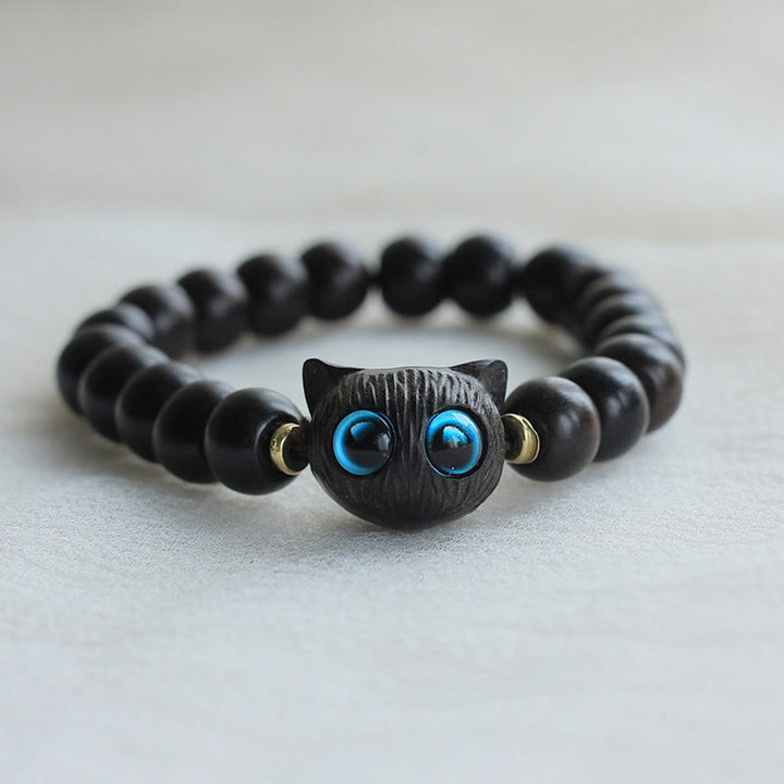 Buddha Stones Ebony Wood Green Sandalwood Cute Cat Peace Bracelet