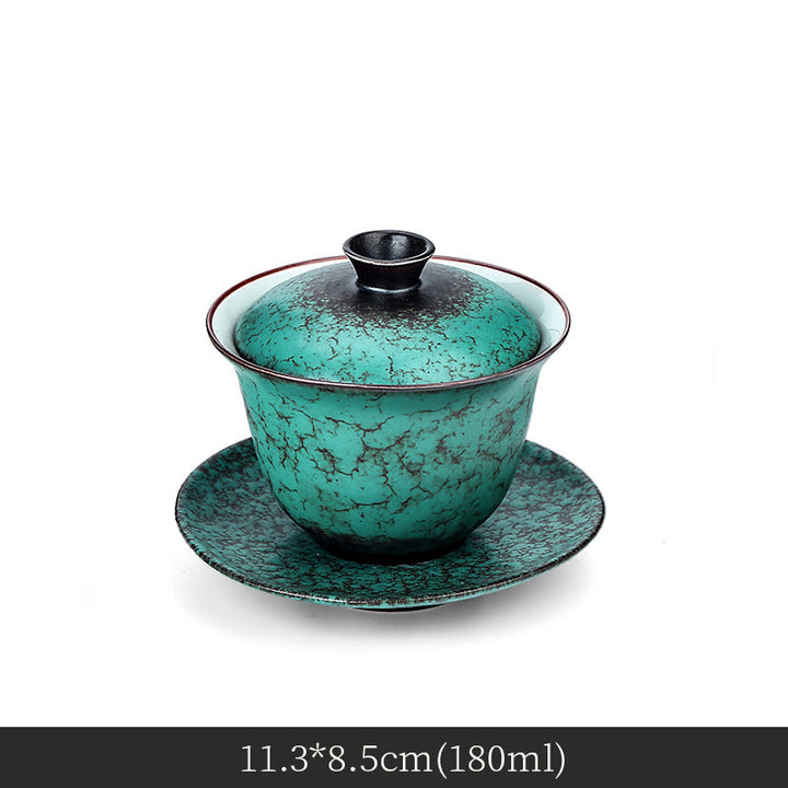 Buddha Stones Retro Green Glaze Ceramic Gaiwan Sancai Teacup Kung Fu Tea Cup And Saucer With Lid