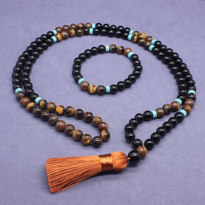 Buddha Stones Tibetan Black Onyx Peaceful Mala Set