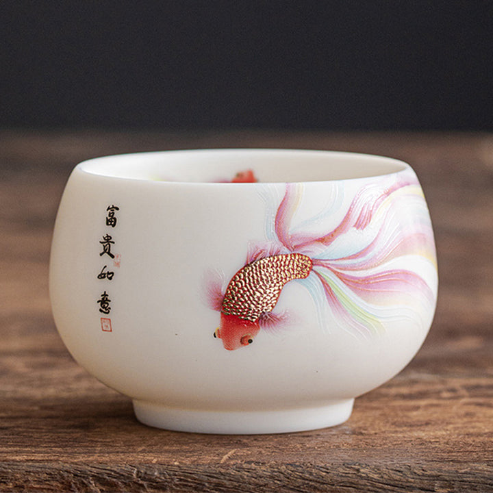 Buddha Stones Koi Fish White Porcelain Ceramic Teacup Kung Fu Tea Cup