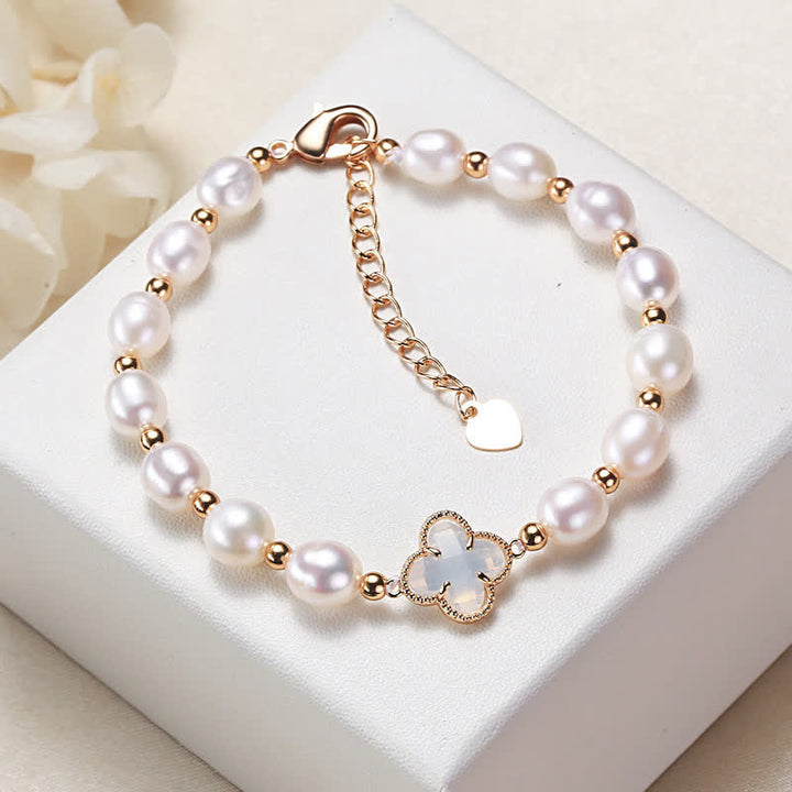 Buddha Stones Pearl Four Leaf Clover Wealth Chain Bracelet