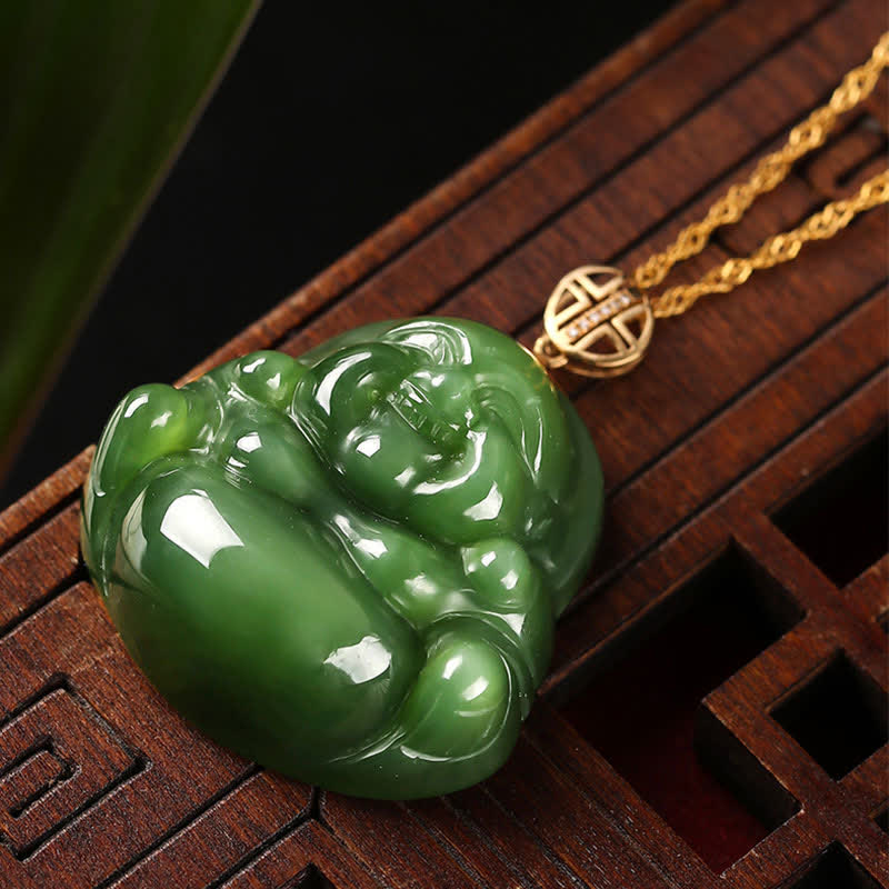 925 Sterling Silver Laughing Buddha Hetian Cyan Jade 18K Gold Success Necklace Chain Pendant