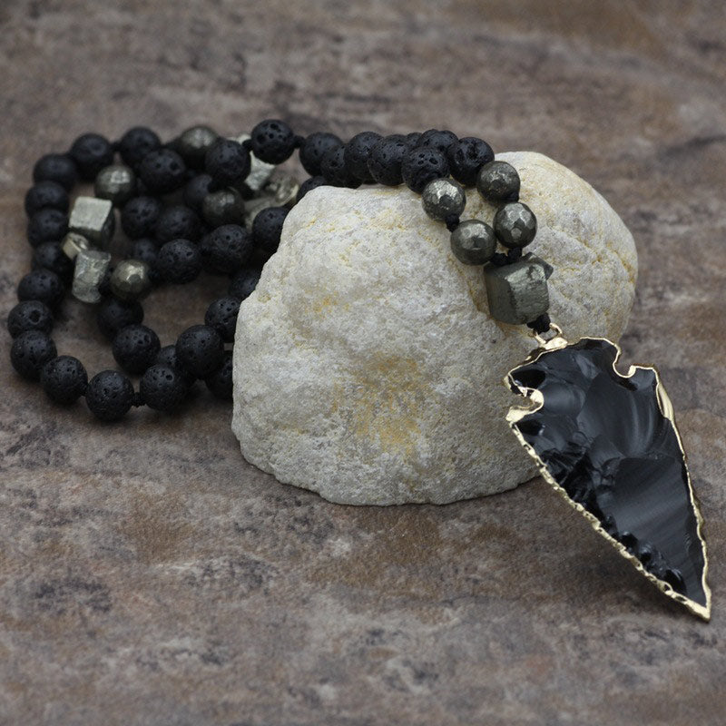 Buddha Stones Natural Lava Rock Yoga Meditation Necklace Arrow Pendant