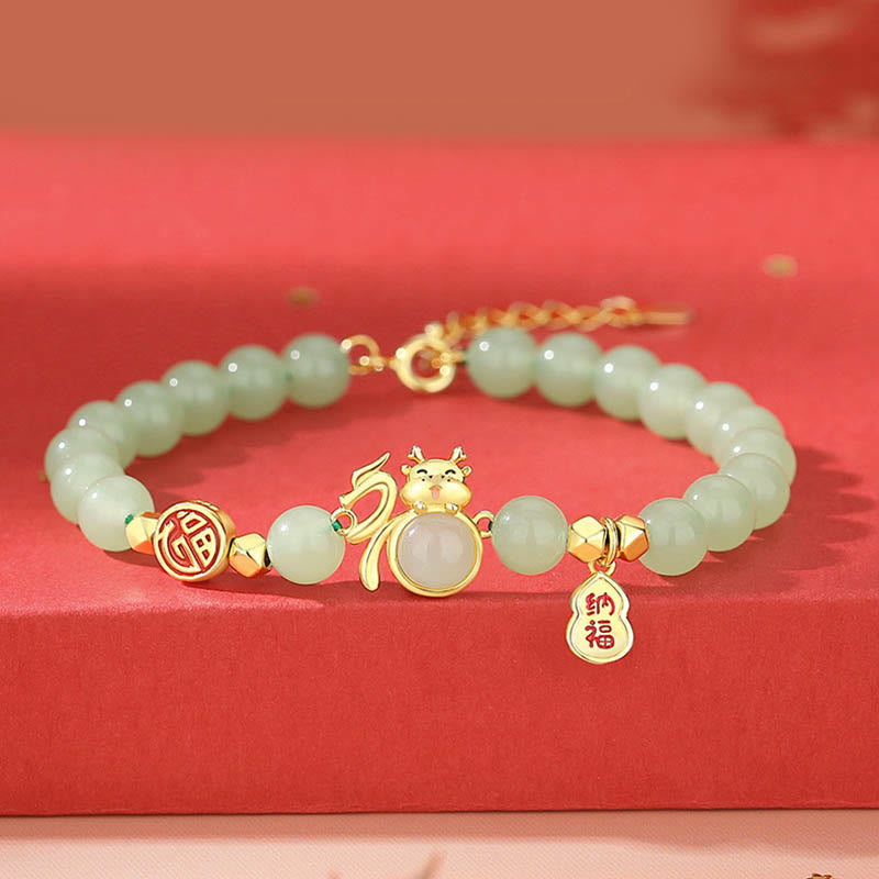 Buddha Stones 925 Sterling Silver Year of the Dragon Natural Red Agate Hetian Jade Fu Character Luck Gourd Bracelet