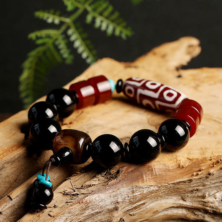 Tibetan Nine-Eye Dzi Bead Black Onyx Wealth Protection Bracelet