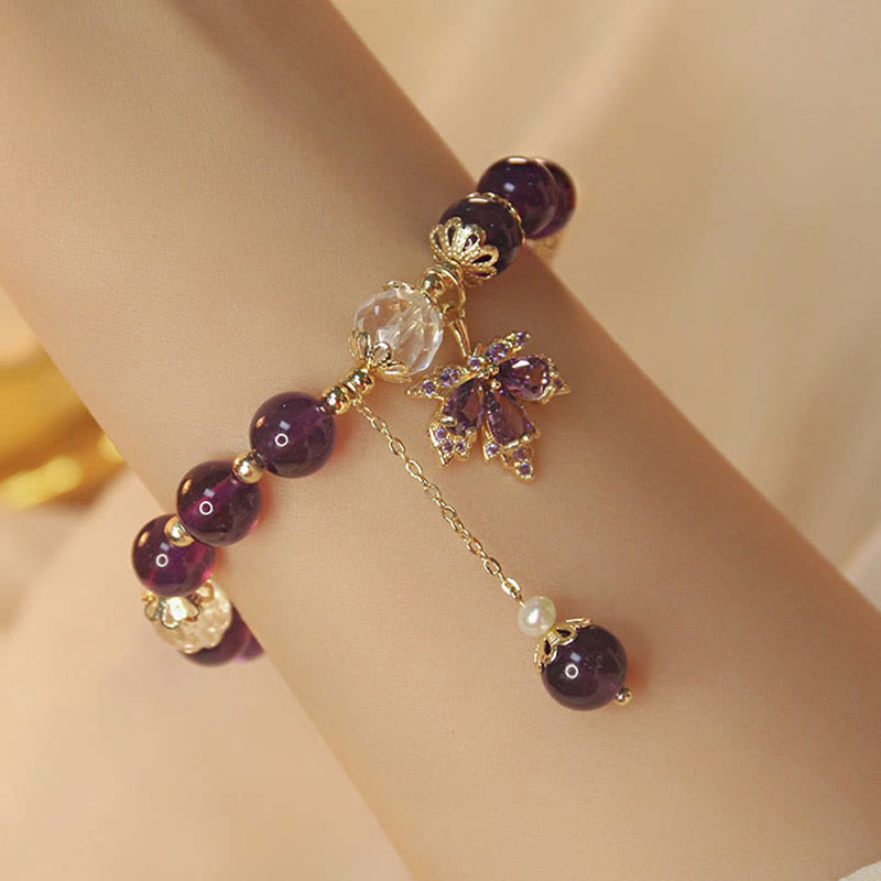 Buddha Stones 14k Gold Plated Natural Amethyst Healing Maple Leaf Charm Bracelet