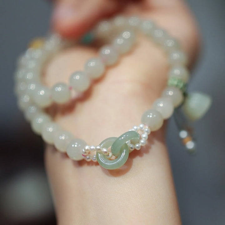 Buddha Stones 925 Sterling Silver Hetian Jade Double Peace Buckle Lotus Luck Double Wrap Bracelet