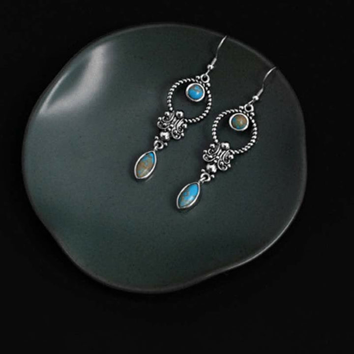 925 Sterling Silver Vintage Turquoise Waterdrop Pattern Balance Drop Dangle Earrings