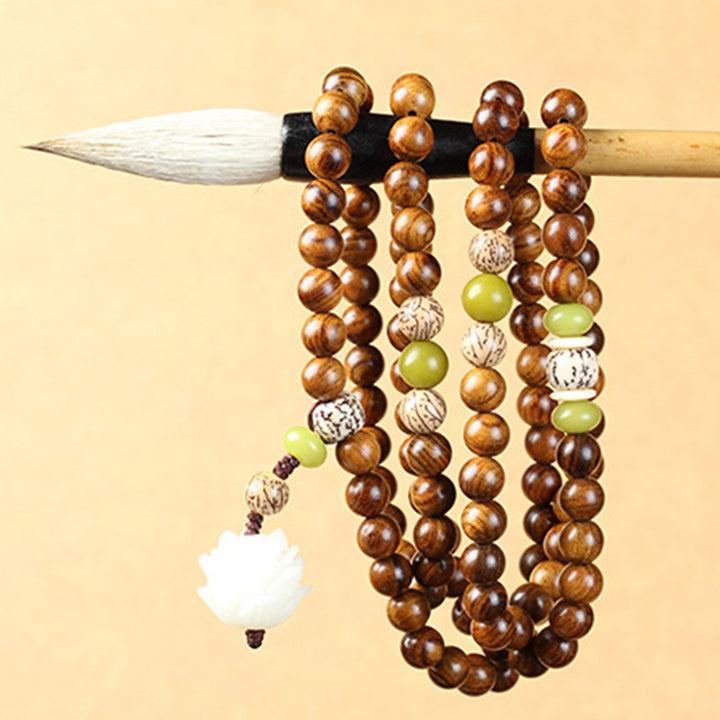 Buddha Stones Tibetan Rosewood Lotus Mala Protection Calm Necklace Bracelet