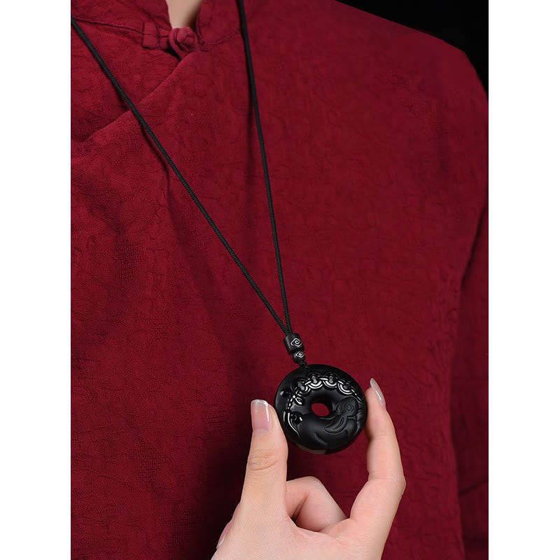 Buddha Stones Chinese Zodiac Natural Black Obsidian Peace Buckle Strength Necklace Pendant