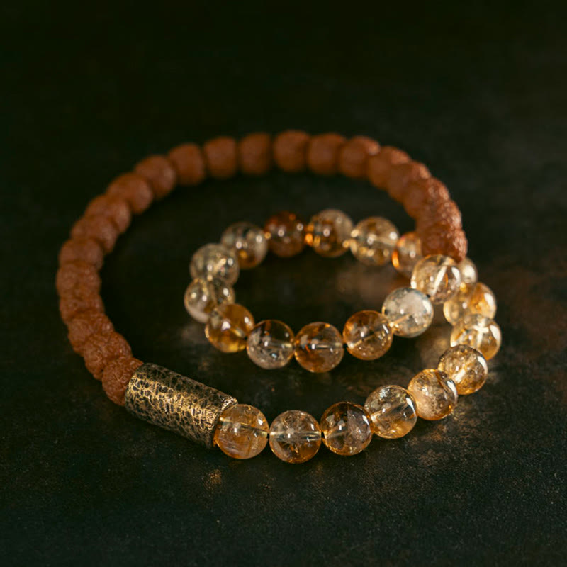 Buddha Stones Natural Citrine Crystal Rudraksha Bodhi Seed Brass Bead Prosperity Double Wrap Bracelet