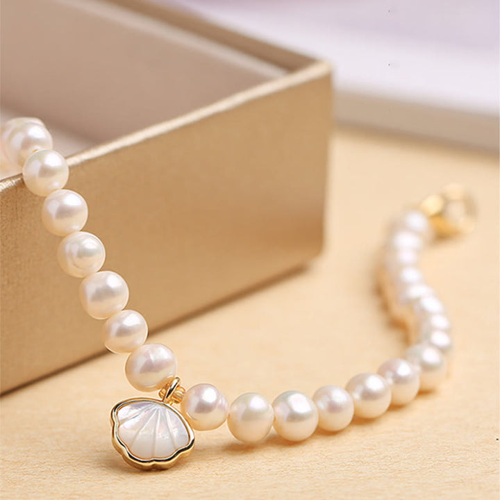 Buddha Stones 14K Gold Plated Natural Pearl Crystal Shell Charm Bead Bracelet