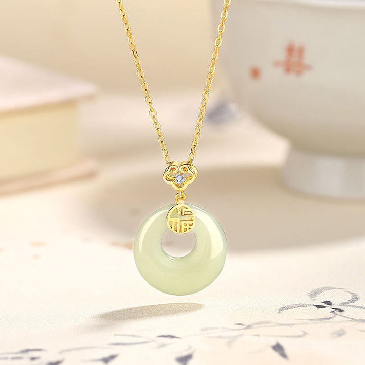 Buddha Stones 925 Sterling Silver Ginkgo Leaf Butterfly Rose Chalcedony Hetian Jade Peace Buckle Fu Character Harmony Necklace Pendant